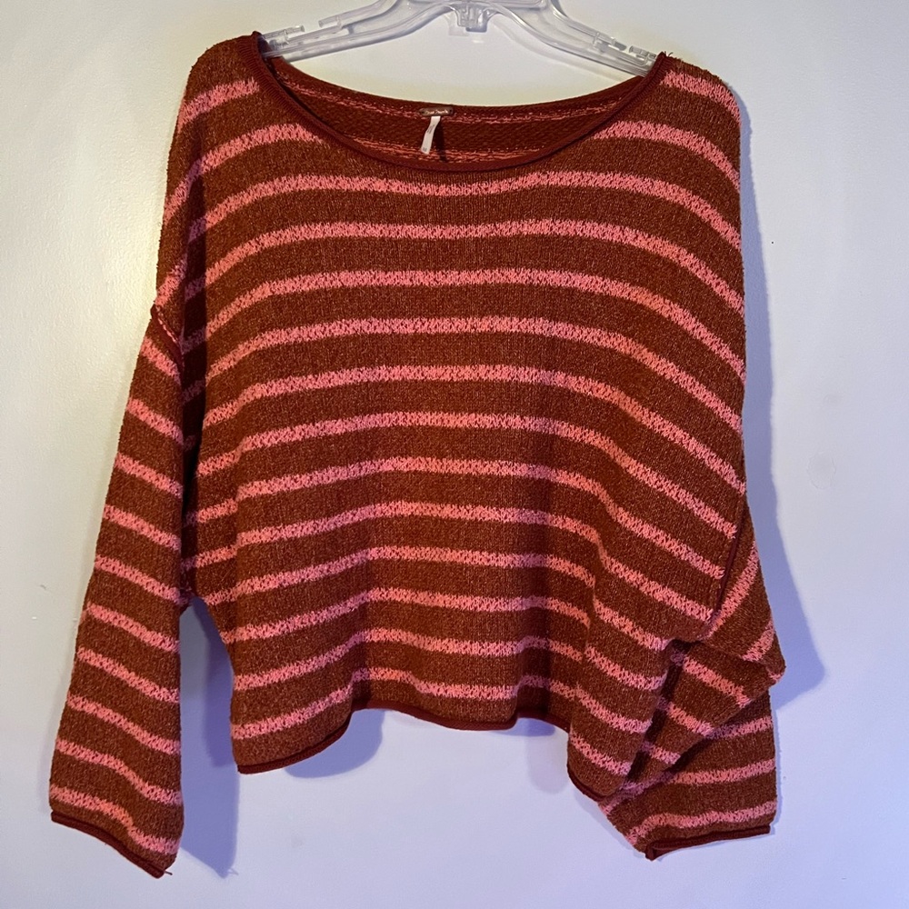 Free People Slouch Oversized Sweater in Striped Light Brown/Tan and Pink X Small